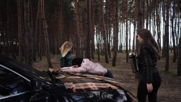 Молоді жінки організовують пікнік у лісі біля машини. — стокове відео