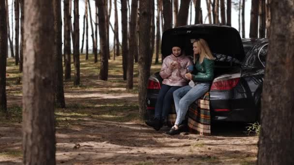 Twee vriendinnen picknicken in het bos bij de kofferbak van de auto — Stockvideo