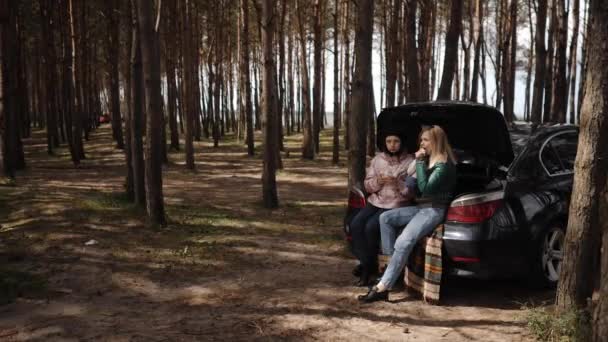 Twee vriendinnen picknicken in het bos bij de kofferbak van de auto — Stockvideo