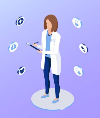 Tıp Sağlık izometrik çizimde. Web tasarım vektör şablonu. Semboller ve belgeler ile kadın doktor. 