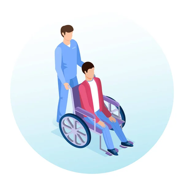 Krankenschwester Mit Behinderten Rollstuhl Medizinkonzept Isometrischer Stil Vektorillustration — Stockvektor