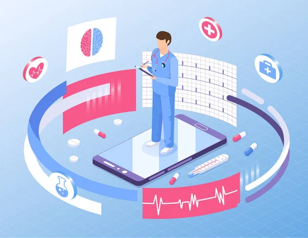 Medicina Línea Ilustración Isométrica Sanitaria Plantilla Vectorial Diseño Web Médico — Archivo Imágenes Vectoriales
