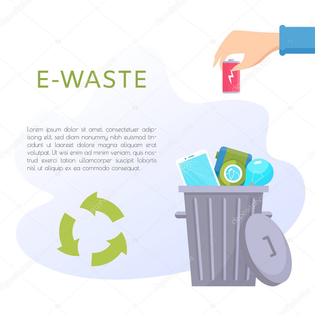 Electronic waste vector illustration. Home devices - laptop, lamp, smartphone, camera, battery, wires. Recycling ecology problem isolate on white background objects collection. 