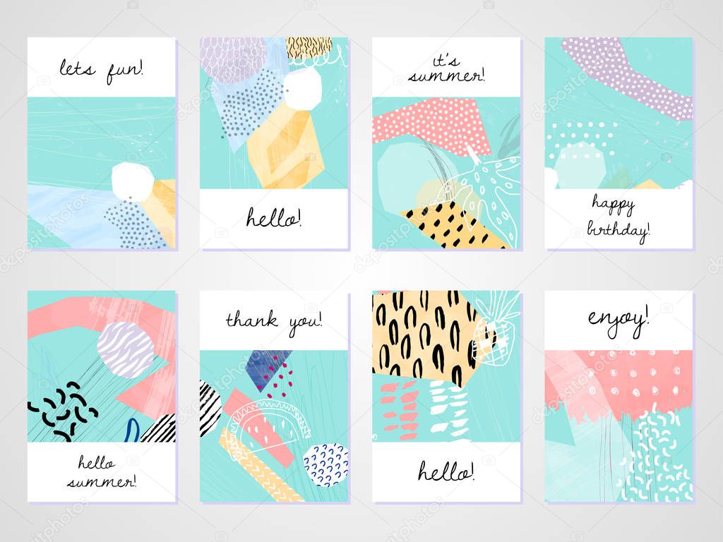 Creative tropical summer cards in trendy style. Collage hand drawn style. Templates for greeting cards, birthday, Valentin's day, thank you, party invitations.  Vector illustration
