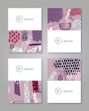 Trendy tarzında yaratıcı tropikal yaz kartları. Collage el çizilmiş tarzı. Tebrik kartları için şablonlar, Doğum günü, Valentin günü, teşekkür ederim, parti davetiyeleri. Vektör Illustration