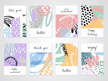 Trendy tarzında yaratıcı tropikal yaz kartları. Collage el çizilmiş tarzı. Tebrik kartları için şablonlar, Doğum günü, Valentin günü, teşekkür ederim, parti davetiyeleri. Vektör Illustration