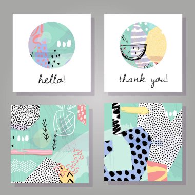 Trendy tarzında yaratıcı tropikal yaz kartları. Collage el çizilmiş tarzı. Tebrik kartları için şablonlar, Doğum günü, Valentin günü, teşekkür ederim, parti davetiyeleri. Vektör Illustration