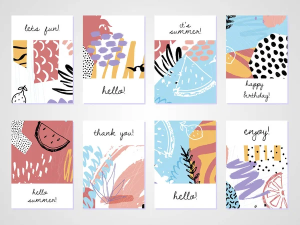 Trendy tarzında yaratıcı tropikal yaz kartları. Collage el çizilmiş tarzı. Tebrik kartları için şablonlar, Doğum günü, Valentin günü, teşekkür ederim, parti davetiyeleri. Vektör Illustration