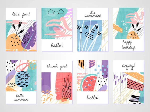 Trendy tarzında yaratıcı tropikal yaz kartları. Collage el çizilmiş tarzı. Tebrik kartları için şablonlar, Doğum günü, Valentin günü, teşekkür ederim, parti davetiyeleri. Vektör Illustration