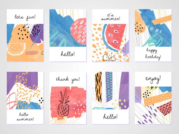 Trendy tarzında yaratıcı tropikal yaz kartları. Collage el çizilmiş tarzı. Tebrik kartları için şablonlar, Doğum günü, Valentin günü, teşekkür ederim, parti davetiyeleri. Vektör Illustration