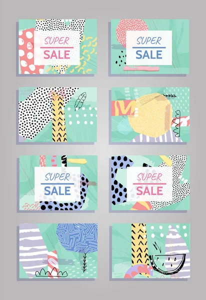Super Sale Colorful Collage Backgrounds Set Hand Drawn Templates Card — Stock Vector