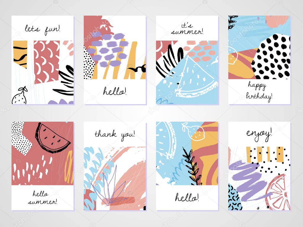 Creative tropical summer cards in trendy style. Collage hand drawn style. Templates for greeting cards, birthday, Valentin's day, thank you, party invitations.  Vector illustration