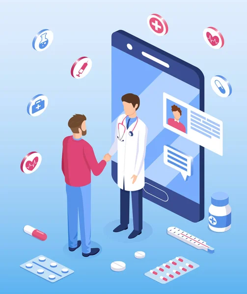 Dottore Paziente Stringono Mano Con Smartphone Medicina Online Concetto Assistenza — Vettoriale Stock
