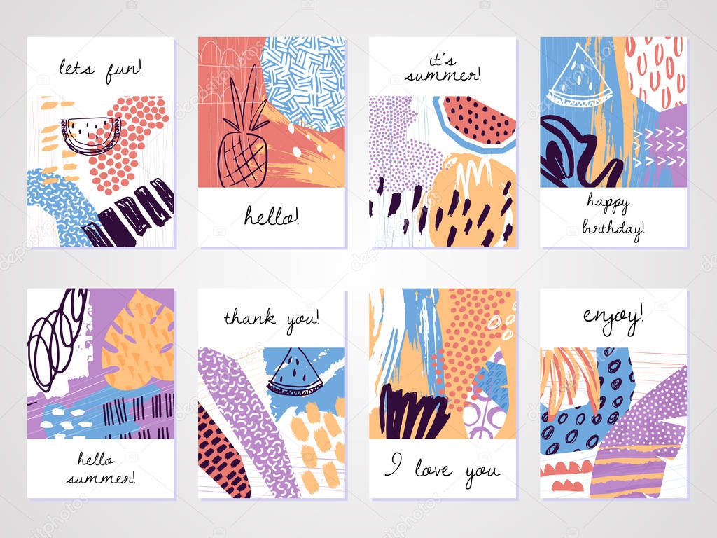 Creative tropical summer cards in trendy style. Collage hand drawn style. Templates for greeting cards, birthday, Valentin's day, thank you, party invitations.  Vector illustration