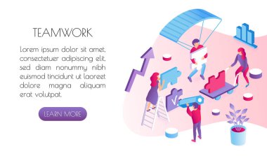 Takım çalışması kavramı. Ofis insanlar bulmaca toplamak ve bir iş görevi gerçekleştirmek. Vektör Illustration. İyi dengeli bir iş. İzometrik 3D vektör illüstrasyon. 