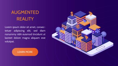 Augmented gerçeklik kavramı. Akıllı telefonda para, Wi-Fi, tıp ve sosyal medya sembolleri ile izometrik şehir. Vektör Illustration. Web tasarımı için şablon. 