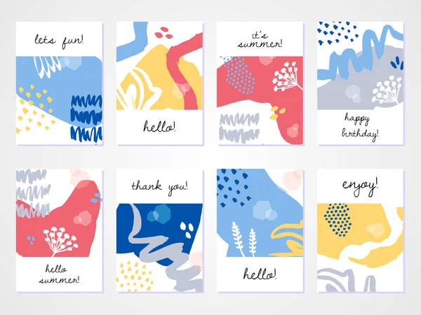 Soyut renkli kolaj özgeçmişi ayarlandı. Kart, broşür ve davetiye tasarımı için el çizimi şablonlar.