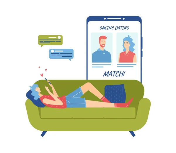 Jeune femme à la recherche d'un partenaire romantique dans l'application smartphone couché sur le canapé . — Image vectorielle
