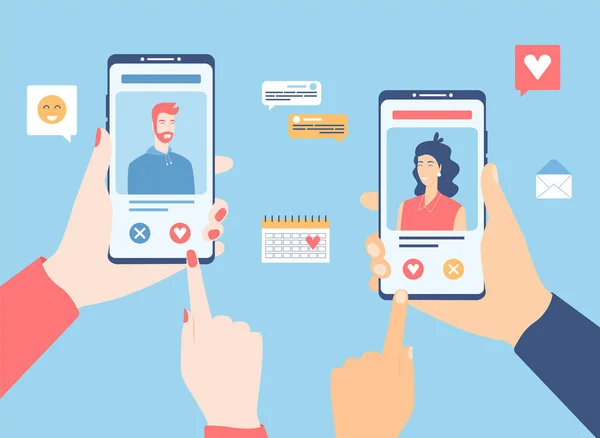 Online flört başvurusu konsepti. Akıllı telefonlu eller. Vektör illüstrasyonu. 