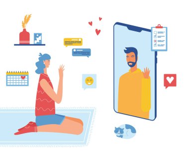 Akıllı telefon uygulaması için romantik bir eş arayan genç bir kadın koltukta oturuyor.. 