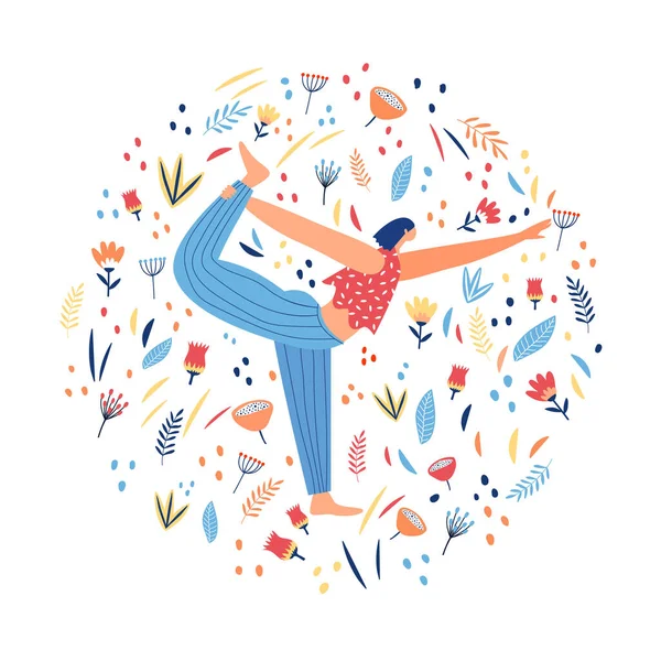 Rapariga a fazer ioga. Impressão circular floral. Ilustração vetorial . — Vetor de Stock