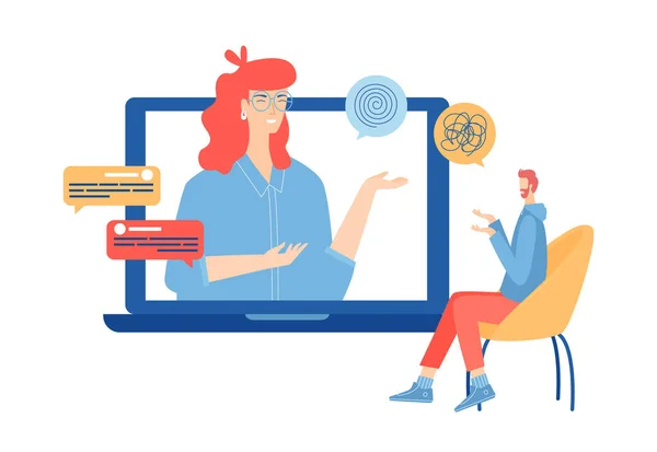 Çevrimiçi psikoterapi kavramı. Psikolojik danışmanlık. Vektör illüstrasyonu.