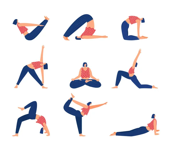 Kvinnlig yoga. Platta tecknade kvinnliga karaktärer. Vektorillustration. — Stock vektor