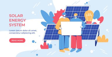 Alternatif enerji mühendisliği konsepti. Güneş panelleri olan işçiler.