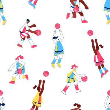 Kadın basketbolu kusursuz desen. Beyaz arkaplandaki izole düz karakterler. 