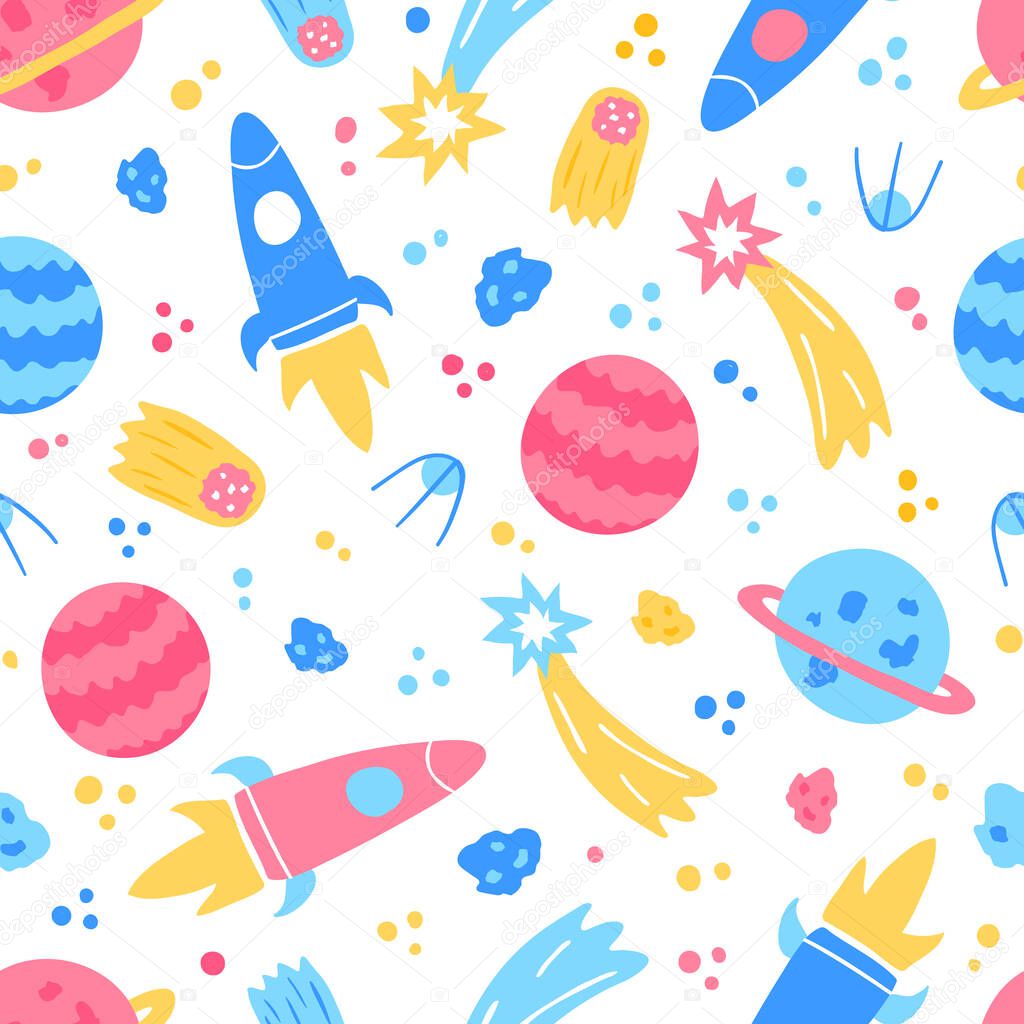 Space children seamless pattern. Rocket, shooting stars, planet, comet, satellite.