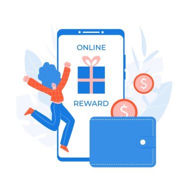 Dev akıllı telefonun yanında, hediye, cüzdan ve bozuk paralarla mutlu bir kadın..