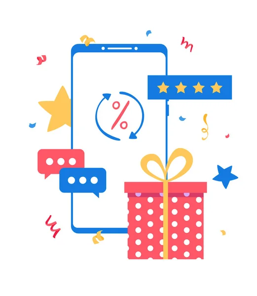 Smartphone met beloning symbool geschenkdoos, chatten en beoordelen pictogrammen. Online beloningsconcept. — Stockvector