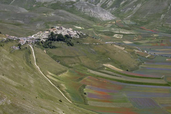 Castelluccio di Norcia, İtalya - Temmuz 2020: 2016 depreminden sonra kasaba hala yeniden inşa ediliyor.