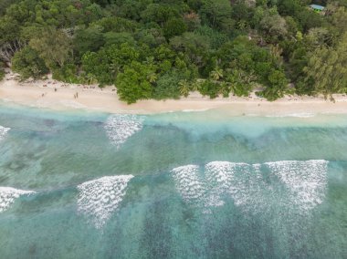 Anse Şiddetli, La Digue, Seyşeller 2019 'un havadan görünüşü