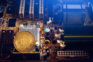 Bilgisayar elektronik devre kartı üzerinde altın bitcoin cryptocurrency.
