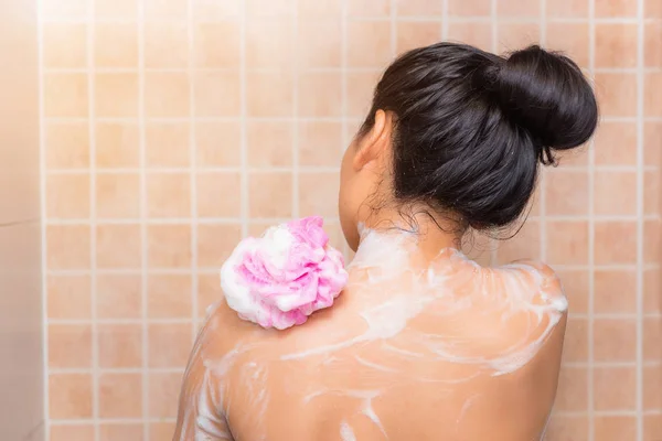 Portrait Beautiful Woman Taking Shower Bath Sponge Health Skincare Concept — Stock Photo, Image