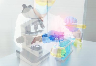 Laboratuvar oda., bilim, kimya, teknoloji, biyoloji. bilim adamı araştırma, pozlama kavramı çift.