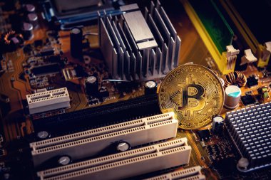 Bilgisayar elektronik devre kartı üzerinde altın bitcoin cryptocurrency.