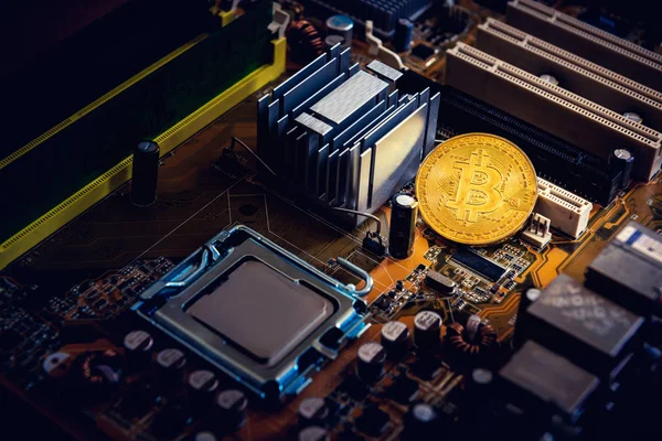 Altın bitcoin cryptocurrency üzerinde bilgisayar elektronik devre kartı., iş finansal kavramı.