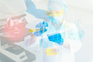 Laboratuvar oda., bilim, kimya, teknoloji, biyoloji. bilim adamı araştırma, pozlama kavramı çift.