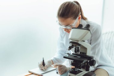 Mikroskop bir laboratuvar. içinde biyoteknoloji, bilim, kimya kullanarak genç bilim adamı araştırma portresi.