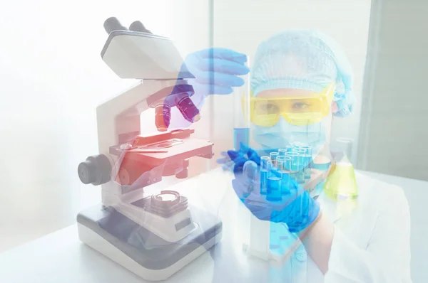 Research scientist in laboratory room., Science, chemistry, technology, biology., Double exposure concept.