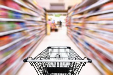 Süpermarket iç ve depolama raf., alışveriş kavramı.