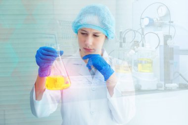 Laboratuvar oda., bilim, kimya, teknoloji, biyoloji. bilim adamı araştırma, pozlama kavramı çift.