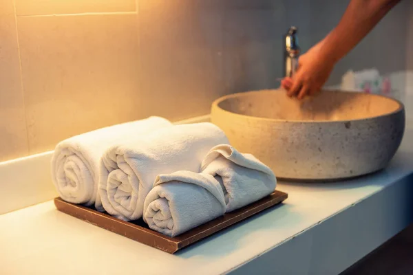 Woman Washing Her Hand Hotel Towel Washing Hand Bath — Stock Photo, Image