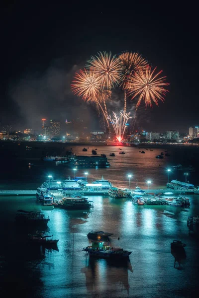 Fireworks International Colorful Pattaya Beach Cityscape Night Scene Advertise Traveling — Stock Photo, Image