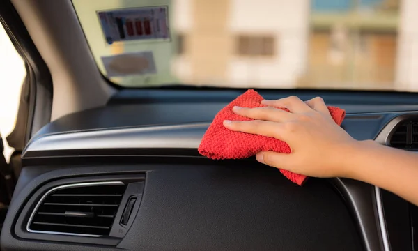 Closeup Woman Hand Washing Cleaning Microfiber Console Panel Car Car — Stok fotoğraf