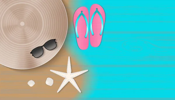 Damenaccessoires Auf Tischplatte Sommerkonzept Entspannende Freizeitaktivitäten Strand Mit Strohhut Sonnenbrille — Stockvektor