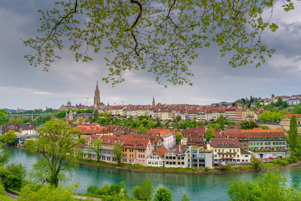 Cityscape Capital City of Bern, Switzerland, Panoramic Scenery Old Town View and Swiss Architectural Building in Bern. Travel Destination and Vacation Famous Places.