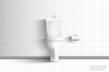 Gerçekçi Klozet ve Modern Mimari İç Dinlenme Odası ve Dekoratif Tasarım., Seramik Karolar Arka Plan Wc Hijyen Koltuk. Vektör 3d Fikir Yaratıcı Tasarım, İllüstrasyon.